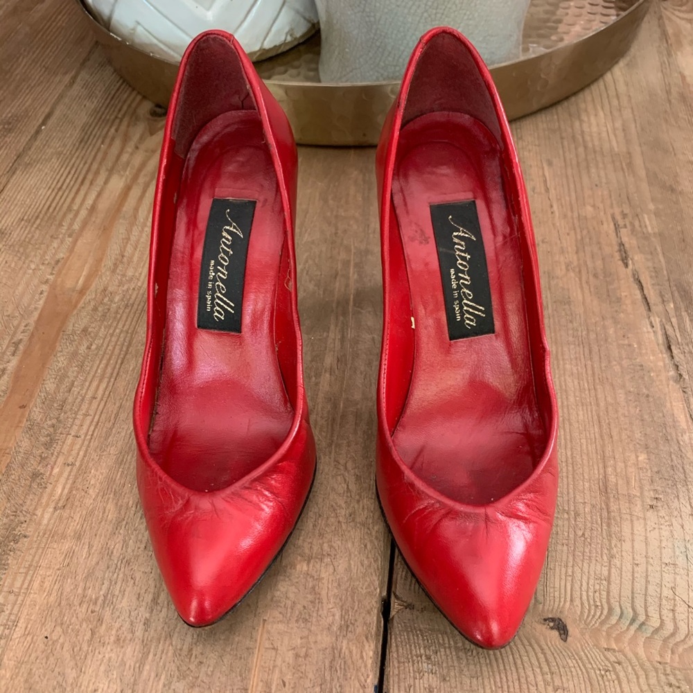 🚛Vintage Red Leather heels 6 Made in Spain
